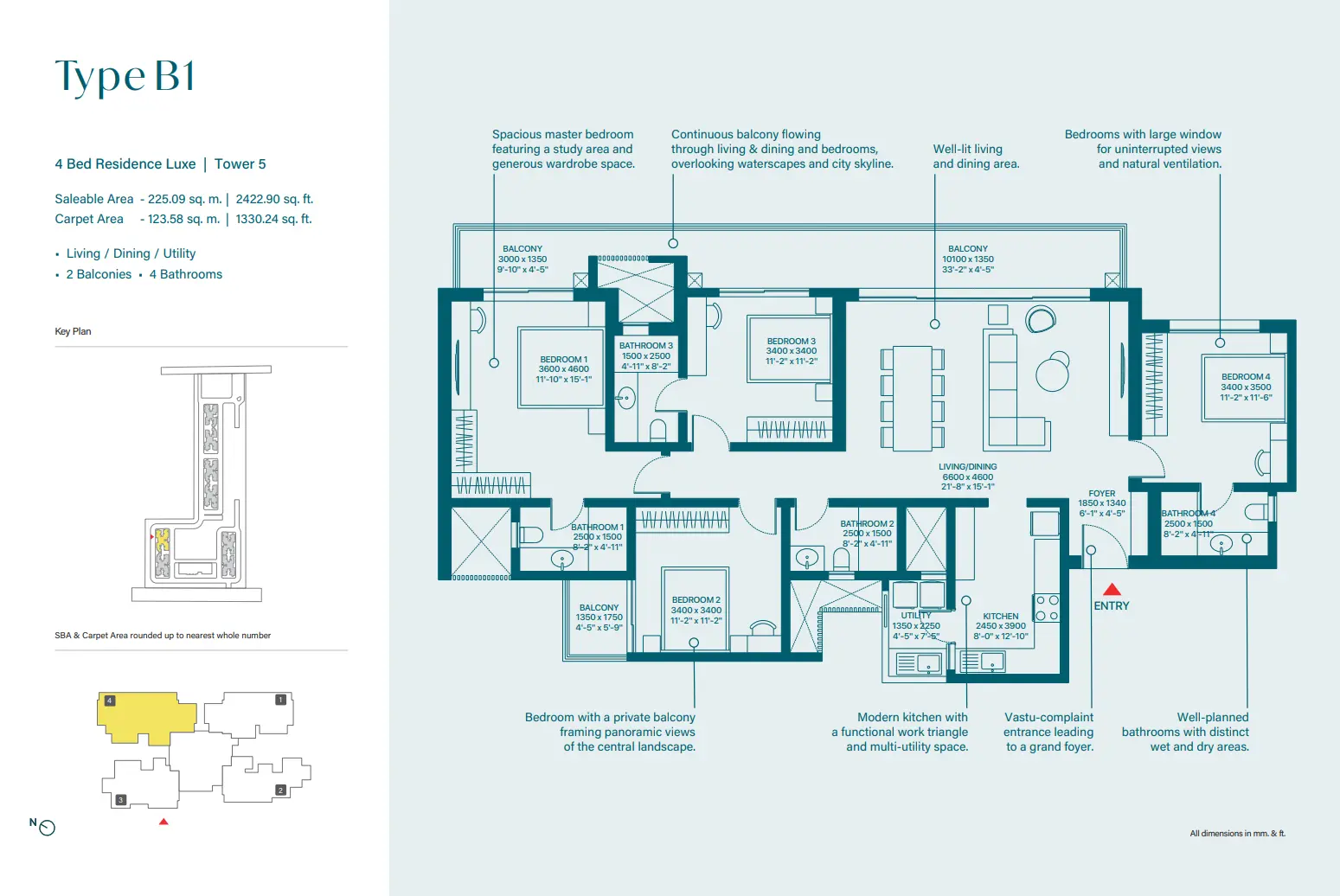 4 BHK Luxe floor plan — Type B1, Sobha Rivana