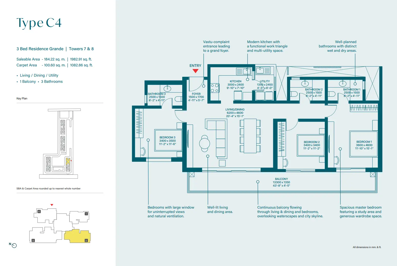 3 BHK Grande floor plan — Type C4, Sobha Rivana