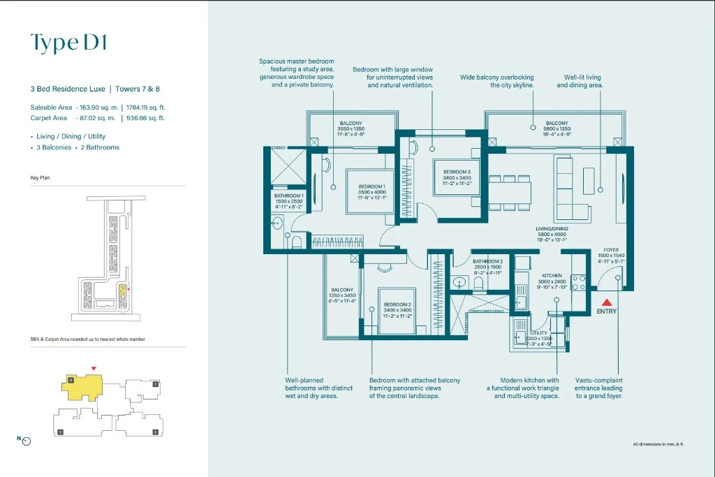 3 BHK Luxe floor plan — Type D1, Sobha Rivana